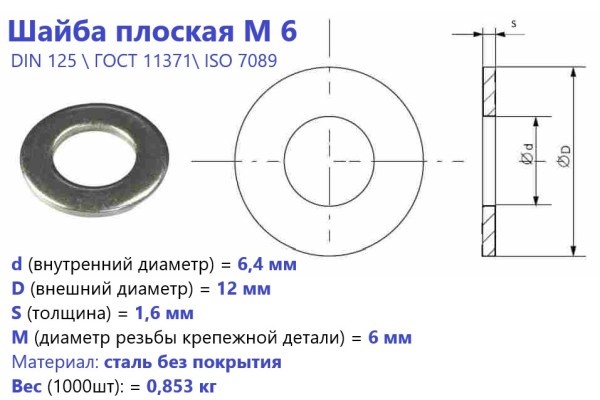 Шайба плоская М 6  без покрытия ГОСТ 11371/ DIN 925 (кг)